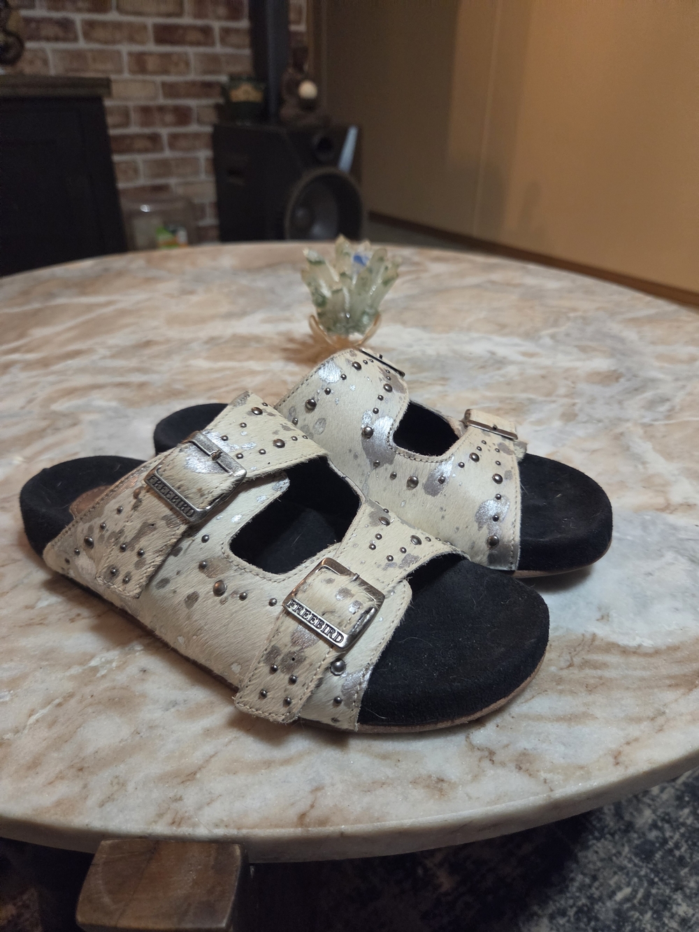 freebird Cream Studded Double-Buckle Slide Sandals